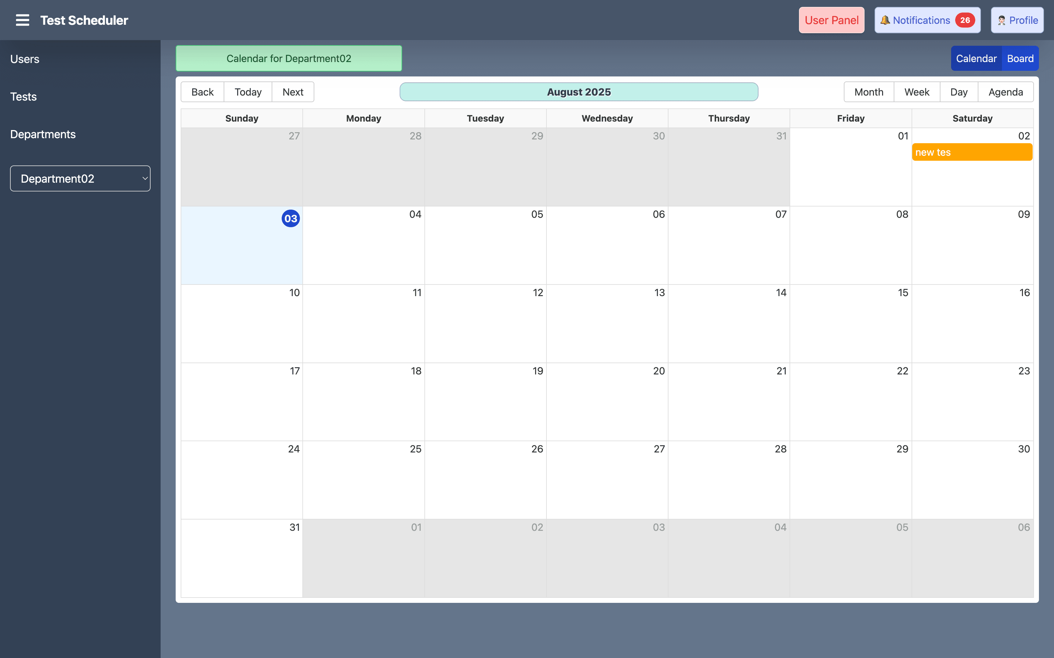 Test Scheduler interface with calendar view and scheduling controls